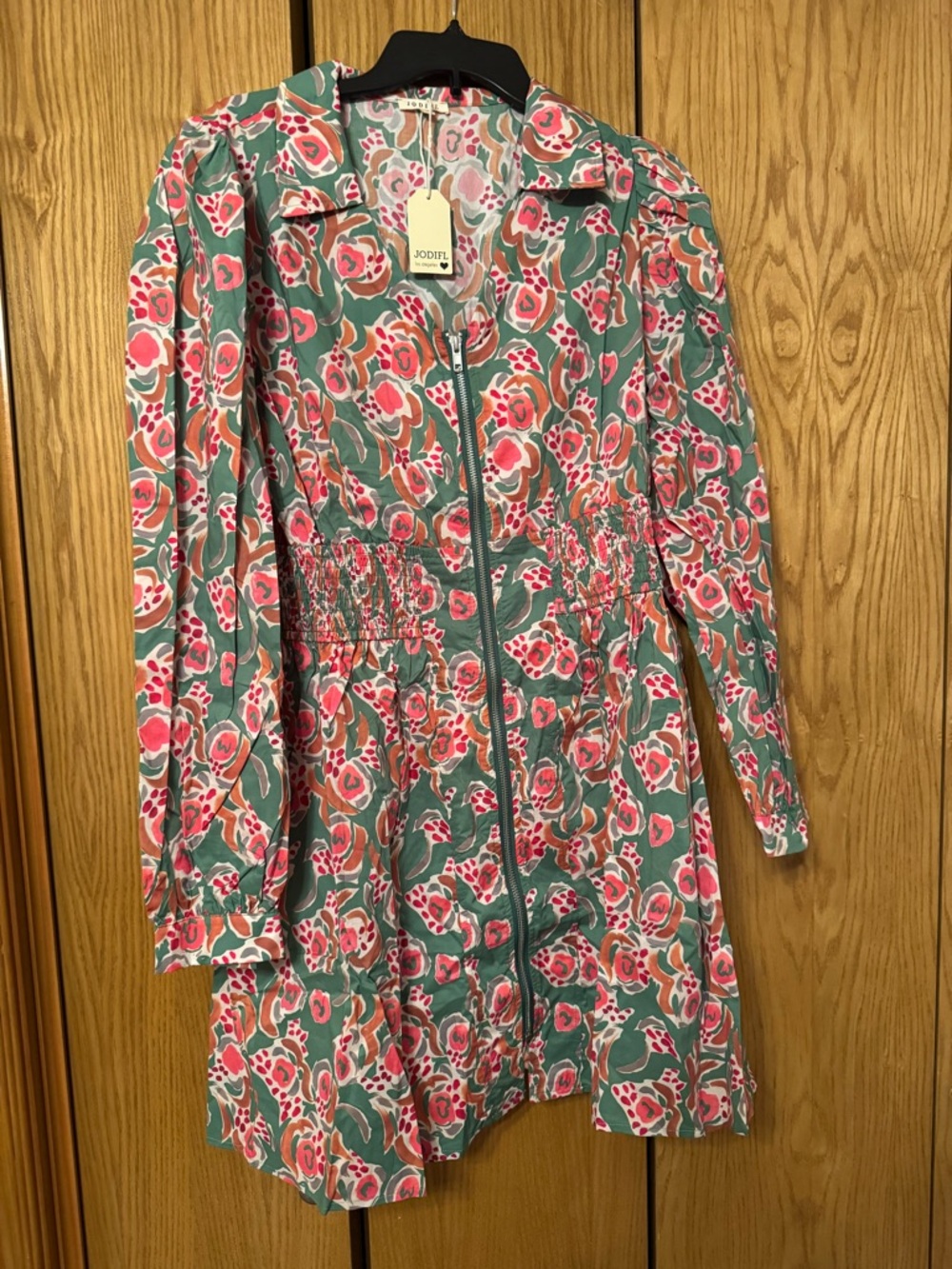 JODIFL Pink & Green Floral Zip-Front Long Sleeve Dress